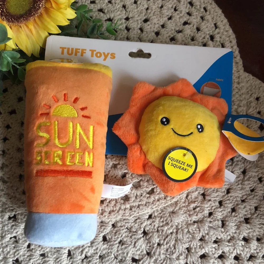 Sun and Sunscreen Squeeze Plush Dog Toy Set